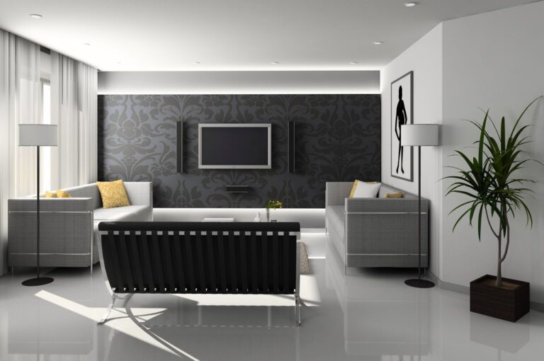 home interior design with black-themed living room and TV unit