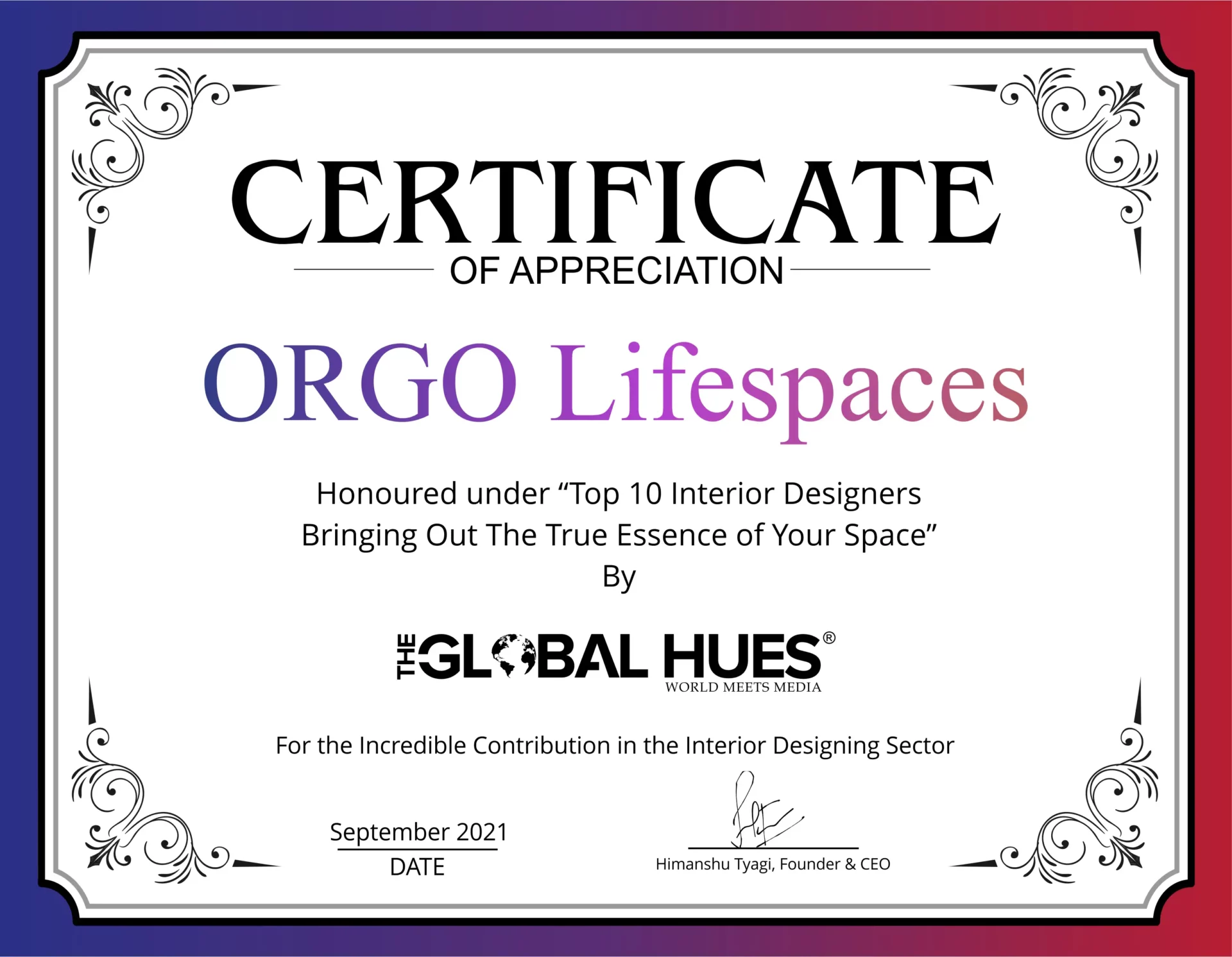 ORGO Interiors was honoured as the Top 10 Home Interior Designers in Chennai by Global Hues.