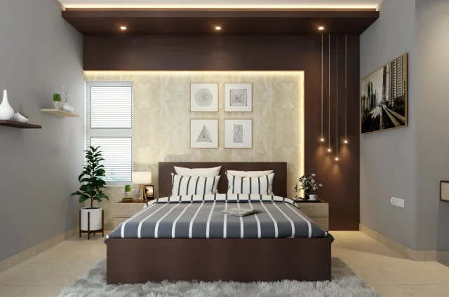 interior design in Chennai with brown false ceiling bedroom interior