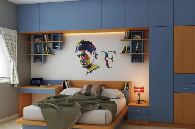 The best interior designer in Chennai designed a bedroom interior with wall art and blue-themed shelves.