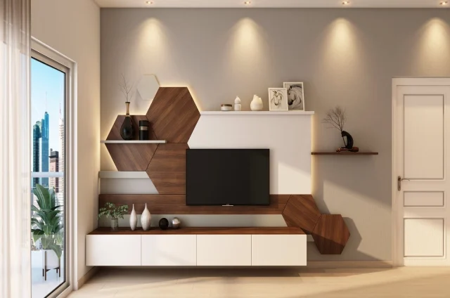 home interior design with brown and black floating TV units