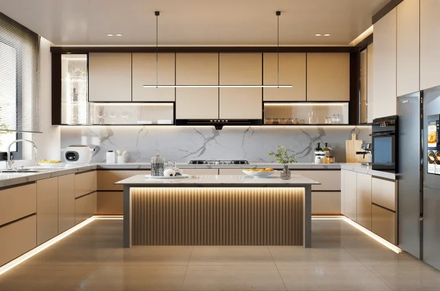 home interior designer in chennai designed sandal cabinet and marble table top Island Kitchen Interior Design