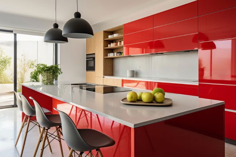 Red Island shaped kitchen in chennai