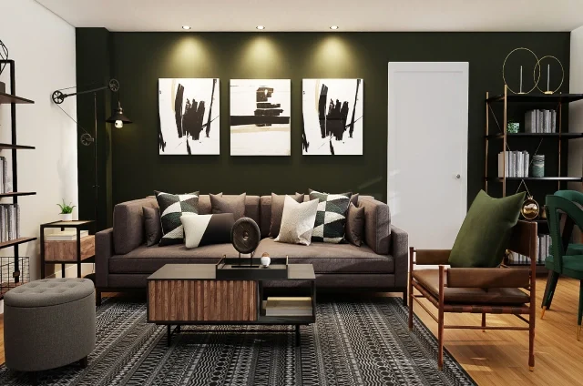 Home interior design with green theme living room interior