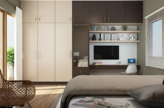 Home interior design in Chennai with a master bedroom, compact wardrobe, and TV unit