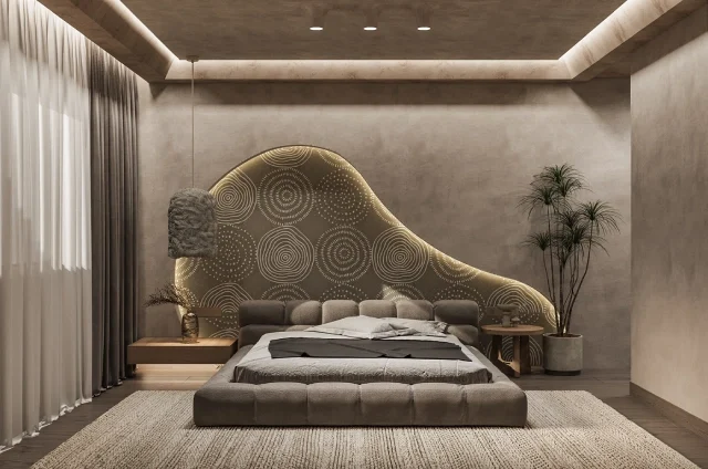 Home interior design with beige modern bedding and a warm false ceiling