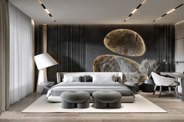Trendy home interior design with a black stripe wall bedoom and fancy warm lights