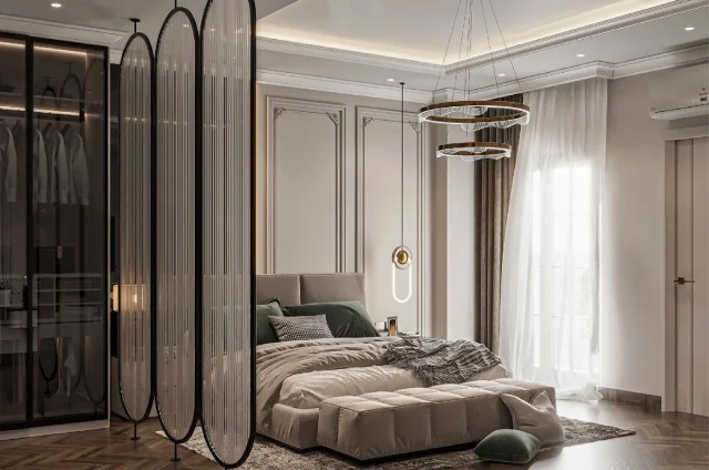 The best home interior design with a luxury cream-themed bedroom and modern hanging light