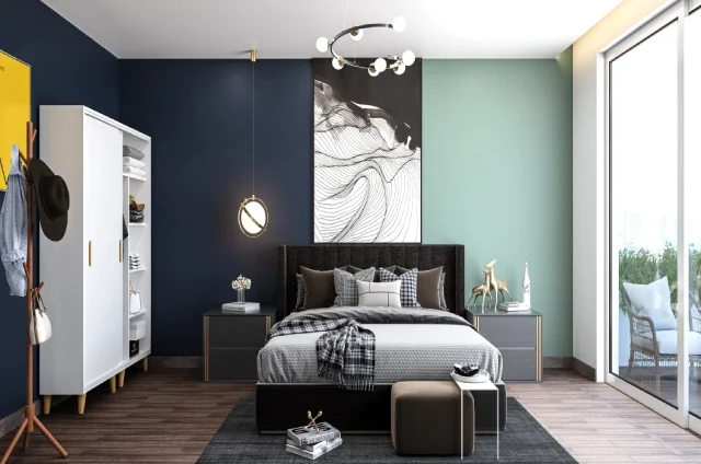 Colourful bedroom home interior design with hanging fancy lights
