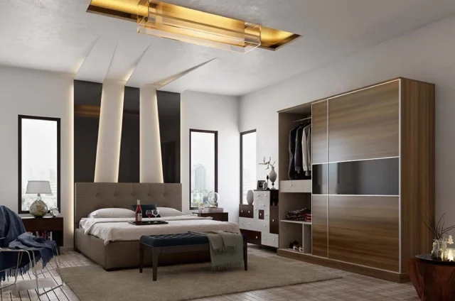 Master bedroom home interior design with brown wooden wardrobe