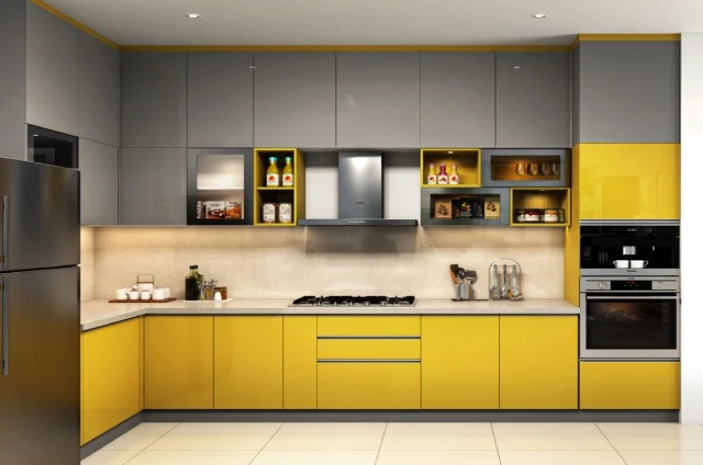 Home interior design in Chennai with a yellow modular kitchen