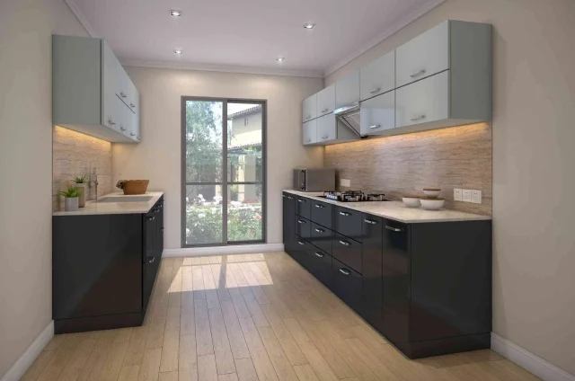 Home interior design with grey and navy blue Parallel Modular Kitchen
