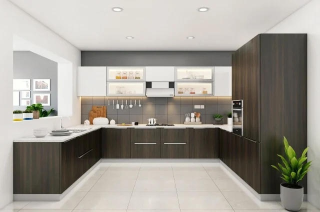 home interior design with a brown and white U-shaped kitchen