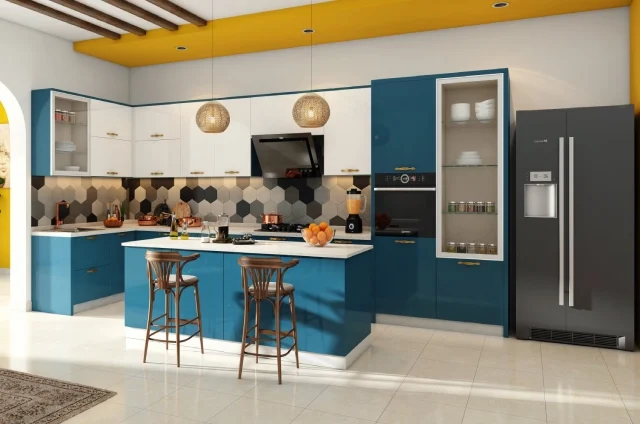 Leading interior designer in Chennai with a blue and white modular kitchen design