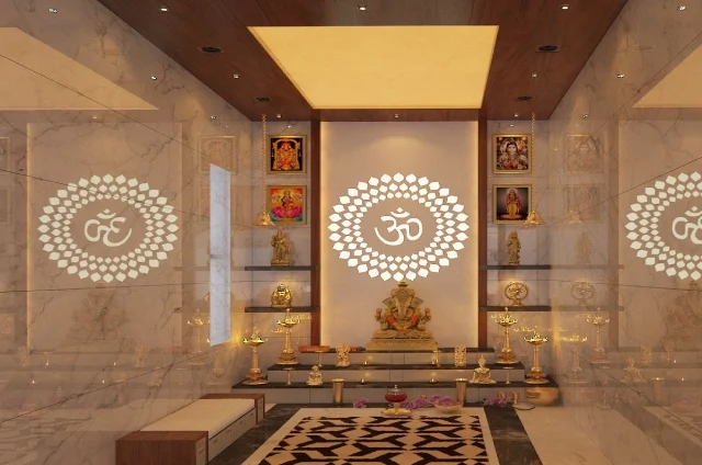 interior designer in Chennai designed a Pooja unit with wall-mounted shelves.